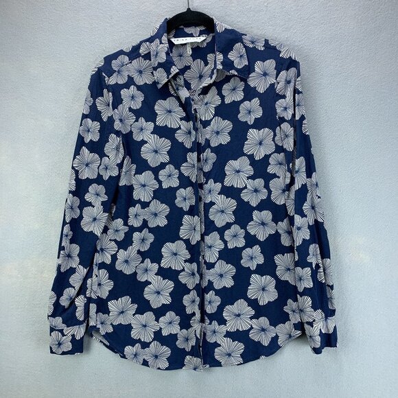 Trina Turk Blouse Womens Extra Small Blue Silk Button Up Long Sleeve Woven - Picture 1 of 16